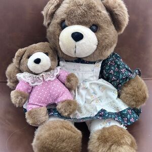 Adorable Vintage Brown Teddy Bear Momma and Baby Set with Pink Outfit (PIN)